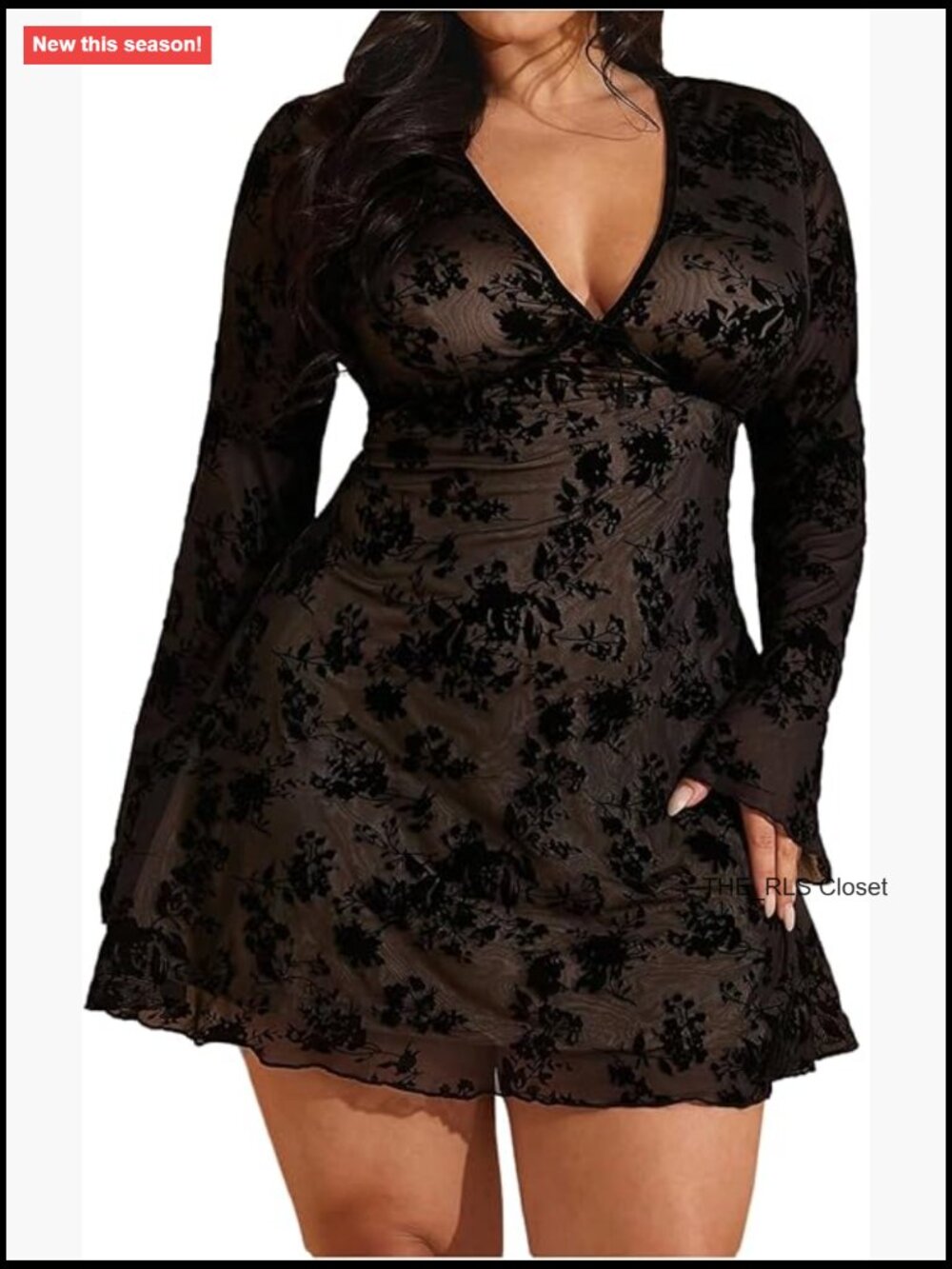 Vintage Floral Mesh Mini Dress Ruffle V Neck Bell Long Sleeve